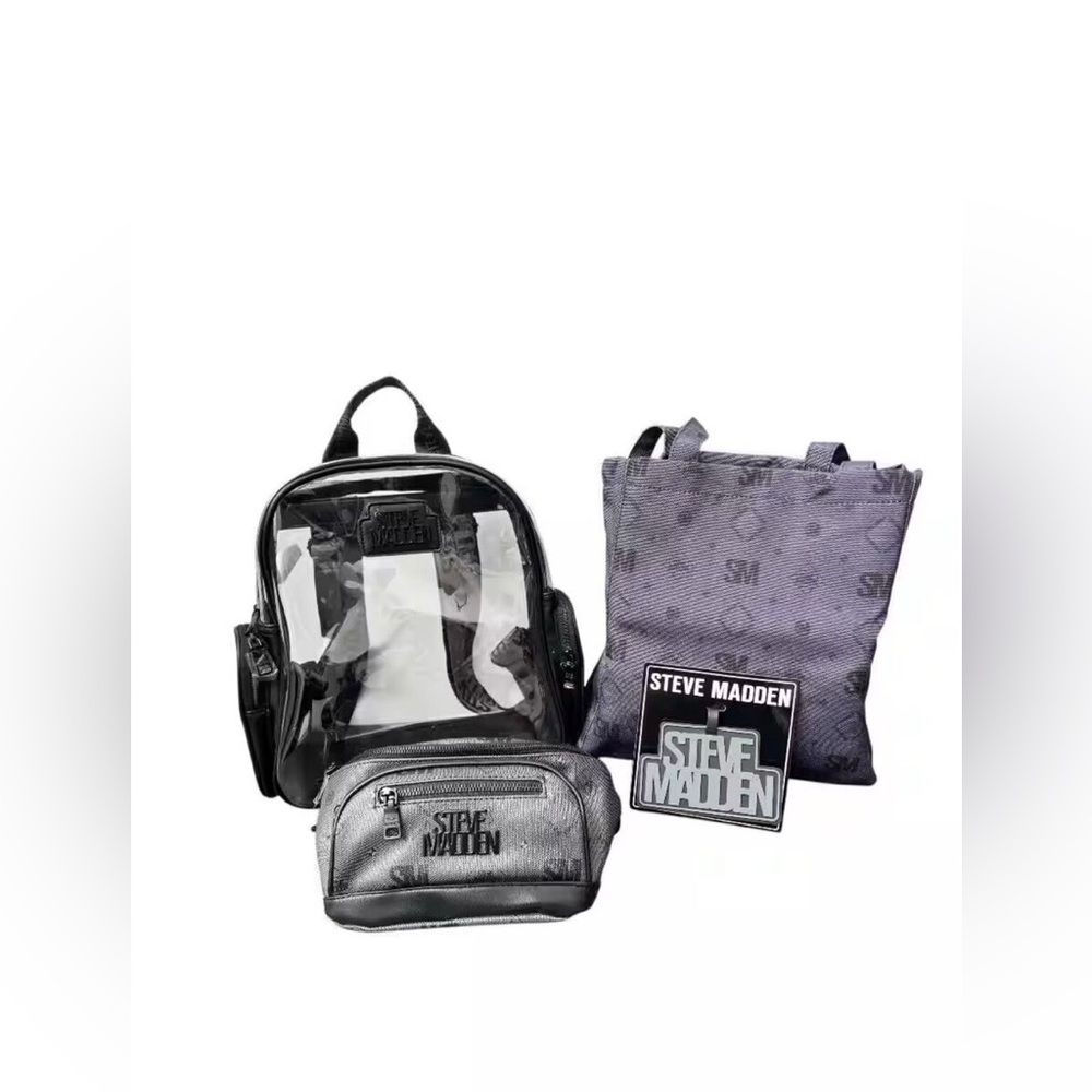 NWT Steve Madden Birma 3 in 1 Gift Black Pvc Backpack,Tote,Fanny Bag